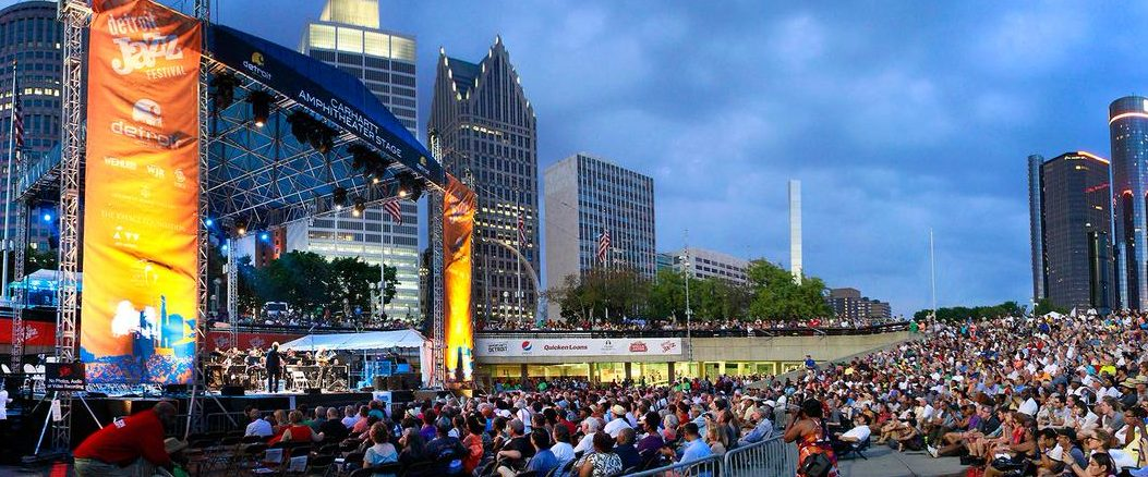 Detroit Jazz Festival stage and crowd at sunset