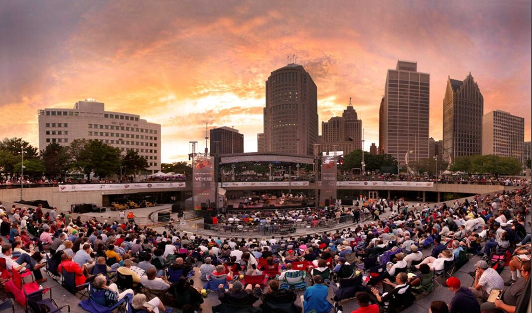 Michigan Jazz Festival crowd at sunset in downtown Detroit